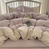 Sophia Gingham Lace Washed Cotton Bedding Set - Purple